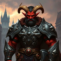 A big red-skinned male tiefling paladin stands boldly in intricately crafted armor that accentuates his imposing stature