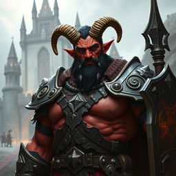 A big red-skinned male tiefling paladin stands boldly in intricately crafted armor that accentuates his imposing stature