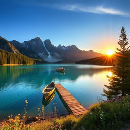 A serene landscape of a pristine lake surrounded by lush pine trees under a clear blue sky, with majestic mountains in the background