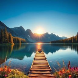 A serene landscape of a pristine lake surrounded by lush pine trees under a clear blue sky, with majestic mountains in the background