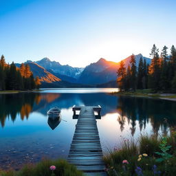 A serene landscape of a pristine lake surrounded by lush pine trees under a clear blue sky, with majestic mountains in the background