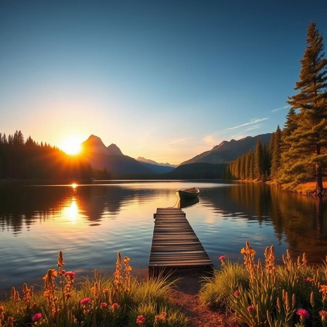 A serene landscape of a pristine lake surrounded by lush pine trees under a clear blue sky, with majestic mountains in the background