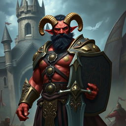 A big red-skinned male tiefling paladin stands confidently in ornate armor that accentuates his powerful physique