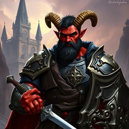 A big red-skinned male tiefling paladin stands confidently in ornate armor that accentuates his powerful physique