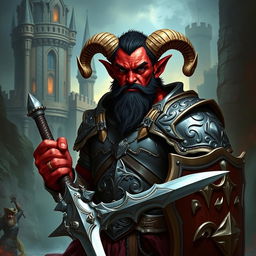 A big red-skinned male tiefling paladin stands confidently in ornate armor that accentuates his powerful physique