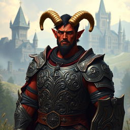 A big red-skinned male tiefling paladin stands confidently in intricately designed armor that highlights his strong figure