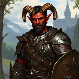 A big red-skinned male tiefling paladin stands confidently in intricately designed armor that highlights his strong figure