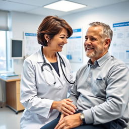 A skilled and compassionate doctor in a modern hospital setting, thoroughly examining a patient with a caring expression