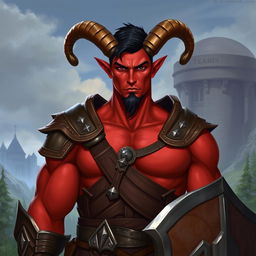 A big red-skinned male tiefling paladin stands confidently in beautifully detailed armor that showcases his strong physique