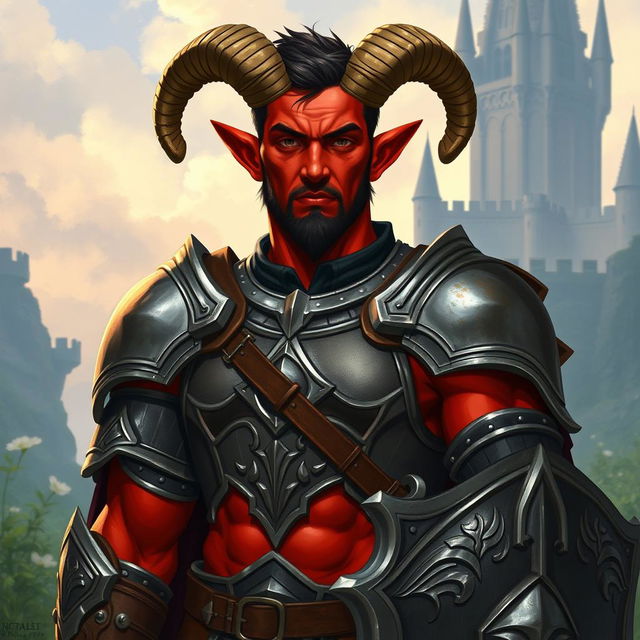 A big red-skinned male tiefling paladin stands confidently in beautifully detailed armor that showcases his strong physique