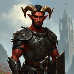 A big red-skinned male tiefling paladin stands confidently in beautifully detailed armor that showcases his strong physique