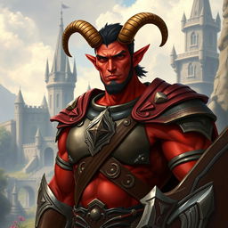 A big red-skinned male tiefling paladin stands confidently in beautifully detailed armor that showcases his strong physique