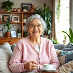 A warm and gentle elderly woman with a kind smile, sitting in a cozy, sunlit living room filled with plants and family photos