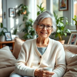 A warm and gentle elderly woman with a kind smile, sitting in a cozy, sunlit living room filled with plants and family photos