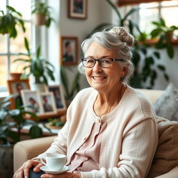 A warm and gentle elderly woman with a kind smile, sitting in a cozy, sunlit living room filled with plants and family photos