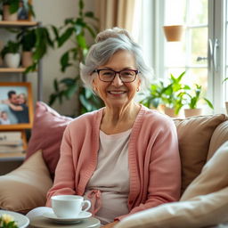 A warm and gentle elderly woman with a kind smile, sitting in a cozy, sunlit living room filled with plants and family photos