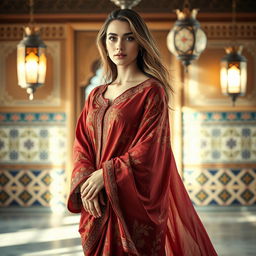 A beautiful and elegant woman wearing a traditional Jalabia, which flows gracefully around her