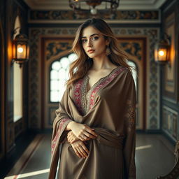 A beautiful and elegant woman wearing a traditional Jalabia, which flows gracefully around her
