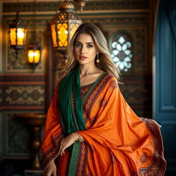 A beautiful and elegant woman wearing a traditional Jalabia, which flows gracefully around her