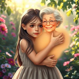 A touching scene of a young girl crying while embracing her deceased grandmother's spirit