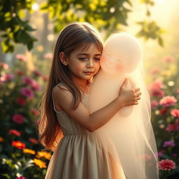 A touching scene of a young girl crying while embracing her deceased grandmother's spirit