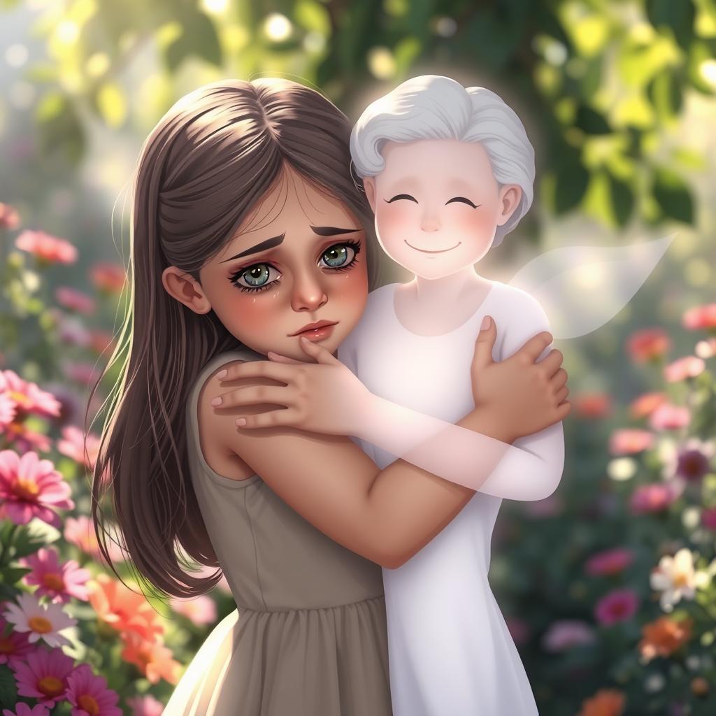 A touching scene of a young girl crying while embracing her deceased grandmother's spirit