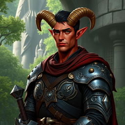 A big red-skinned male tiefling paladin stands confidently in intricately crafted armor, perfectly tailored to showcase his strong build