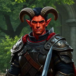 A big red-skinned male tiefling paladin stands confidently in intricately crafted armor, perfectly tailored to showcase his strong build