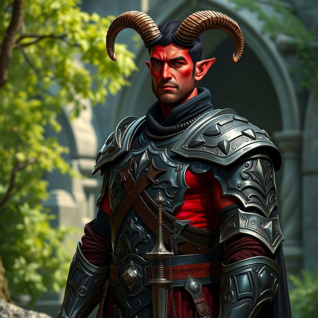 A big red-skinned male tiefling paladin stands confidently in intricately crafted armor, perfectly tailored to showcase his strong build