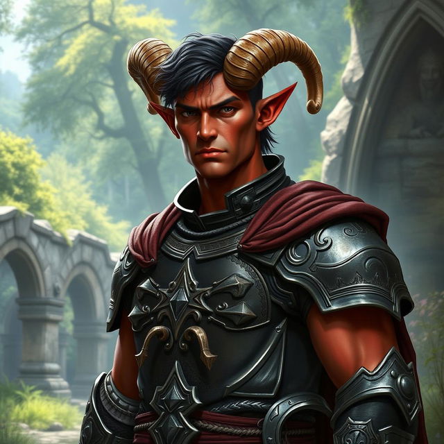 A big red-skinned male tiefling paladin stands confidently in intricately crafted armor, perfectly tailored to showcase his strong build