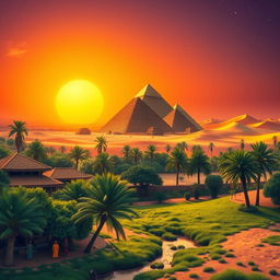 A vibrant and detailed landscape of Sudan, showcasing the majestic pyramids of Meroë rising against a stunning sunset