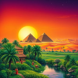 A vibrant and detailed landscape of Sudan, showcasing the majestic pyramids of Meroë rising against a stunning sunset