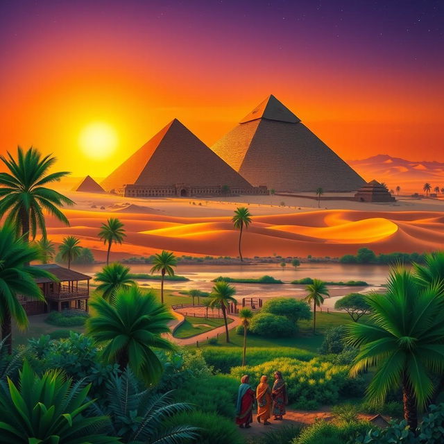 A vibrant and detailed landscape of Sudan, showcasing the majestic pyramids of Meroë rising against a stunning sunset