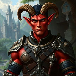 A big red-skinned male tiefling paladin stands proudly in detailed, ornate armor that accentuates his muscular build