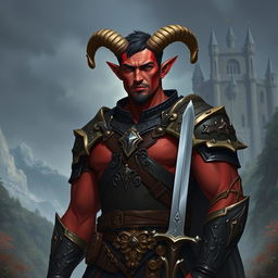 A big red-skinned male tiefling paladin stands proudly in detailed, ornate armor that accentuates his muscular build