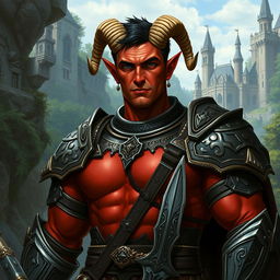 A big red-skinned male tiefling paladin stands proudly in detailed, ornate armor that accentuates his muscular build