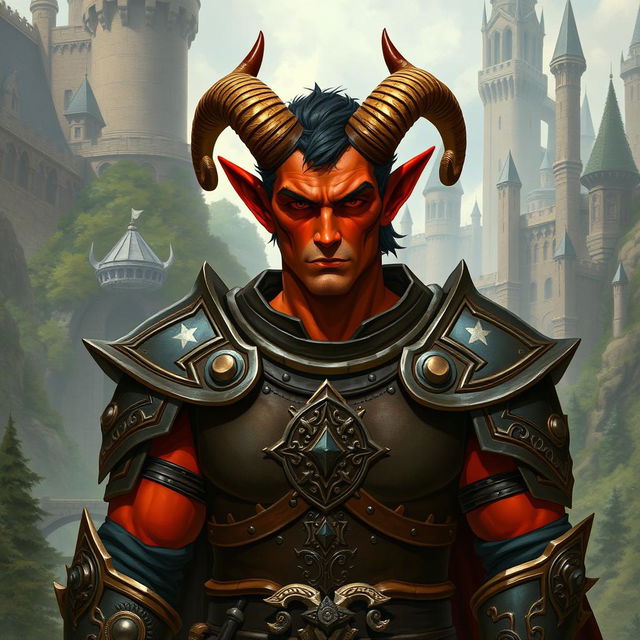 A big red-skinned male tiefling paladin stands proudly in detailed, ornate armor that accentuates his muscular build