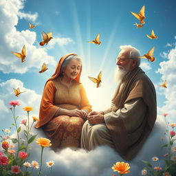 An enchanting scene depicting elderly Iranian grandparents in a heavenly paradise