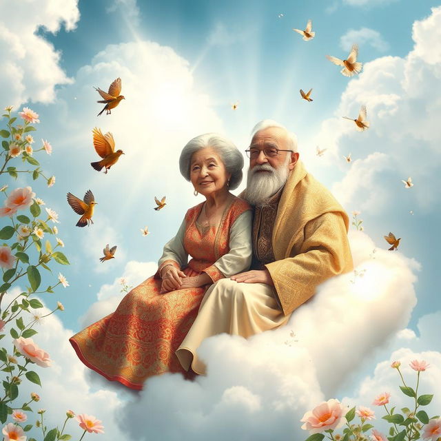 An enchanting scene depicting elderly Iranian grandparents in a heavenly paradise