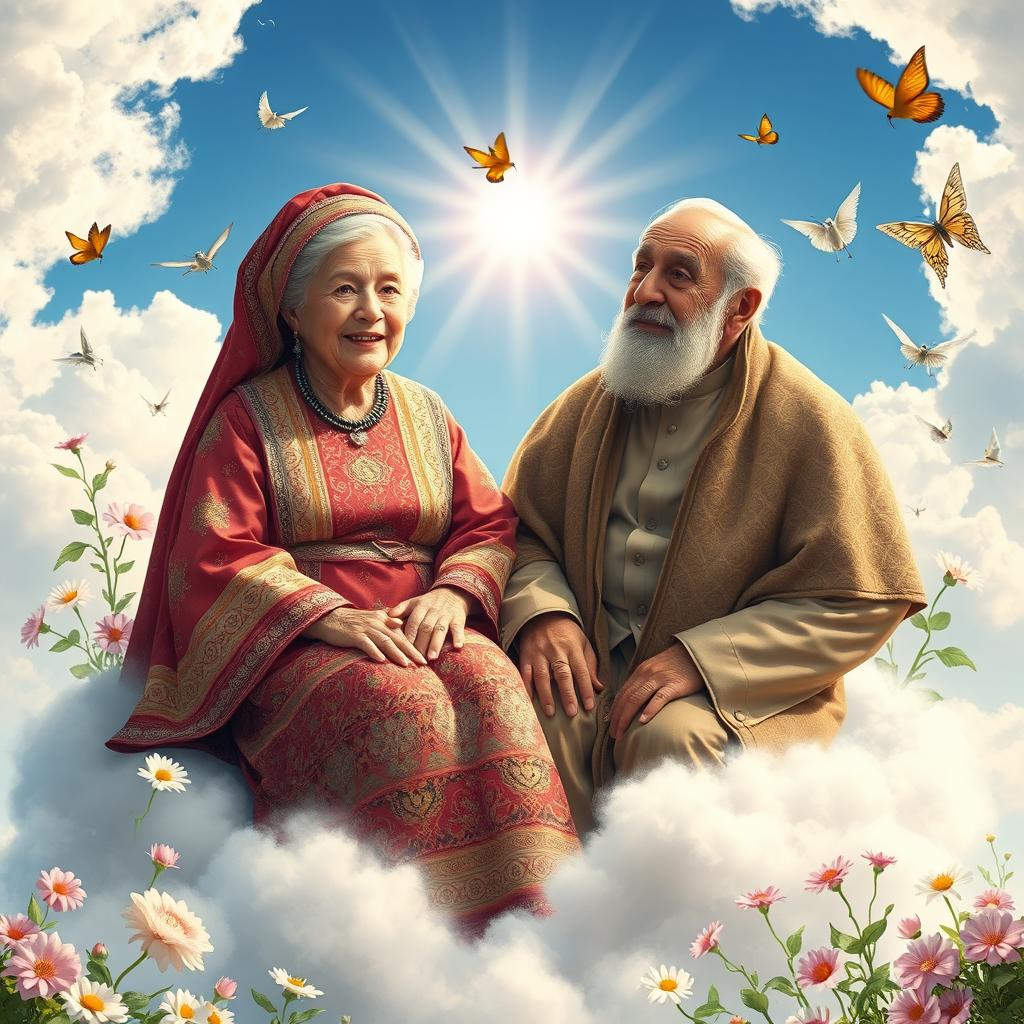 An enchanting scene depicting elderly Iranian grandparents in a heavenly paradise