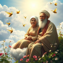 An enchanting scene depicting elderly Iranian grandparents in a heavenly paradise