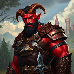A big red-skinned male tiefling paladin stands proudly in richly detailed armor that highlights his muscular build