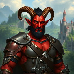 A big red-skinned male tiefling paladin stands proudly in richly detailed armor that highlights his muscular build