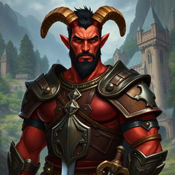 A big red-skinned male tiefling paladin stands proudly in richly detailed armor that highlights his muscular build