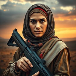 A powerful and evocative image of a woman depicted as Martyr Ibrahim Hadi, wearing a traditional headscarf and adorned with symbolic attire