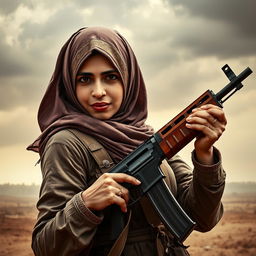 A powerful and evocative image of a woman depicted as Martyr Ibrahim Hadi, wearing a traditional headscarf and adorned with symbolic attire