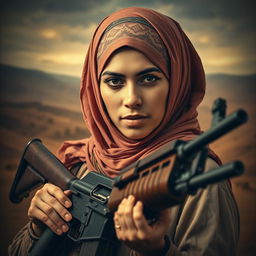 A powerful and evocative image of a woman depicted as Martyr Ibrahim Hadi, wearing a traditional headscarf and adorned with symbolic attire