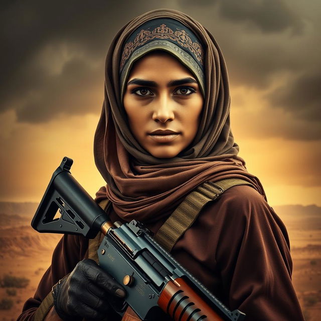 A powerful and evocative image of a woman depicted as Martyr Ibrahim Hadi, wearing a traditional headscarf and adorned with symbolic attire