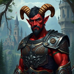 A big red-skinned male tiefling paladin stands confidently in ornate armor that emphasizes his muscular physique