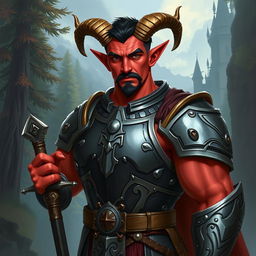 A big red-skinned male tiefling paladin stands confidently in ornate armor that emphasizes his muscular physique